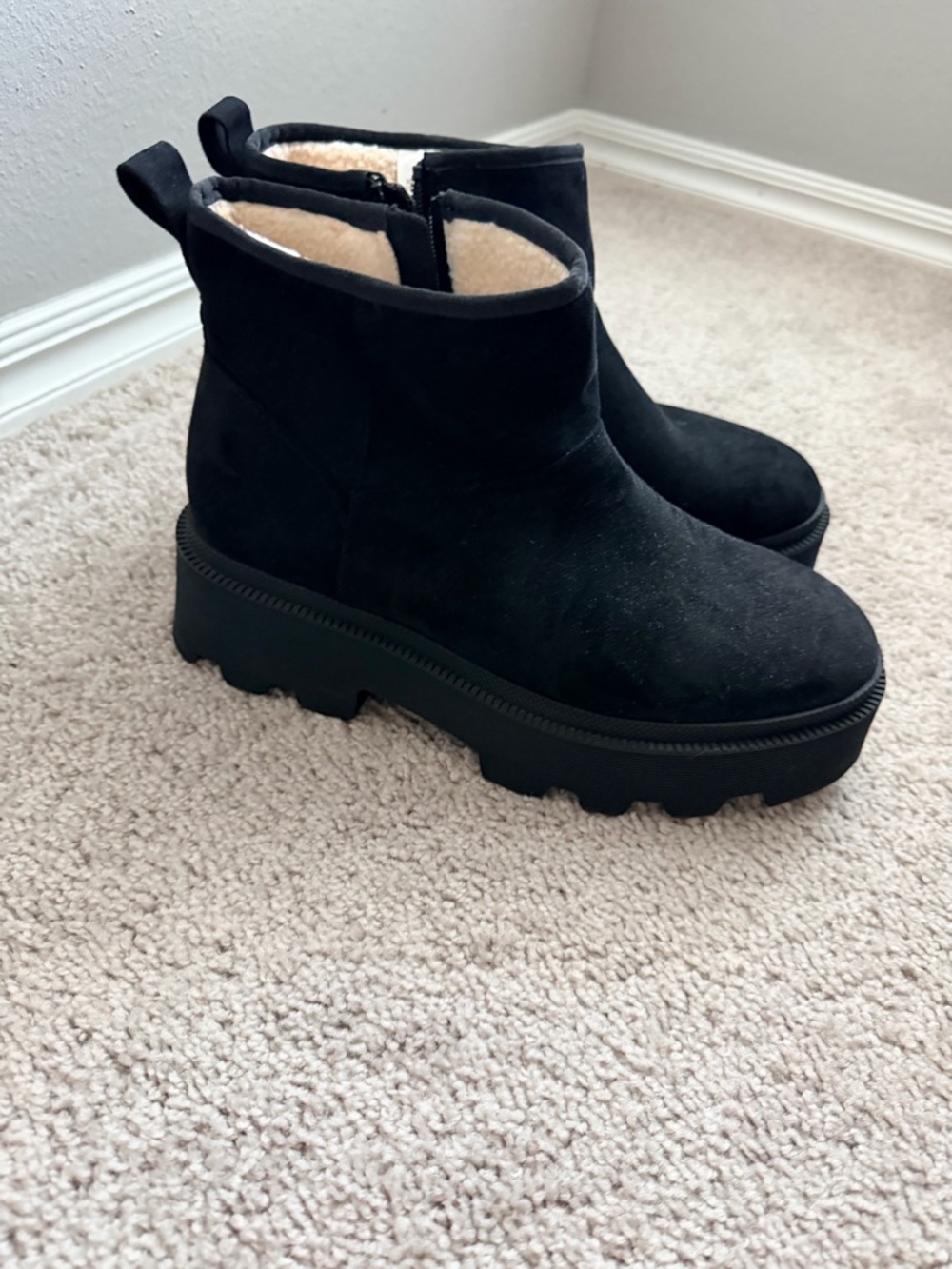 Universal Thread Black Suede Platform Ankle Boots with Shearling Lining